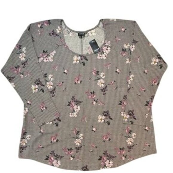 Torrid Floral Waffle Knit Top Sz 5 Gray Multicolor Long Sleeve Scoop Neck NEW - Picture 12 of 16
